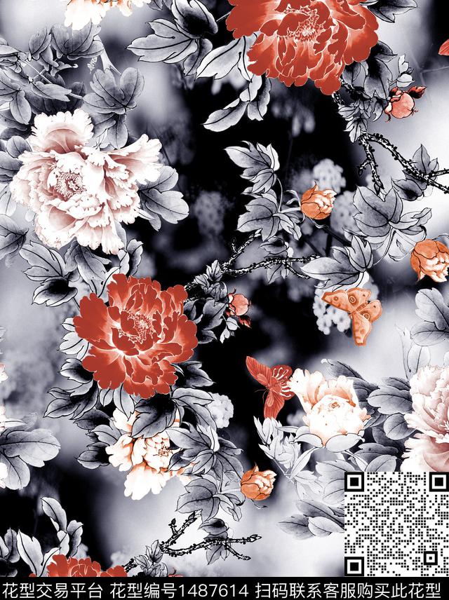 荷花香云纱旗袍数码印花华亿平台下载（图片编号: 1487614） - 瓦栏（Walan）