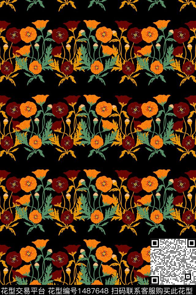 水彩黑底花卉绿植树叶传统印花华亿平台下载（图片编号: 1487648） - 瓦栏（Walan）
