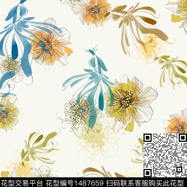 花卉凤凰小碎花传统印花华亿平台下载（图片编号: 1487659） - 瓦栏（Walan）