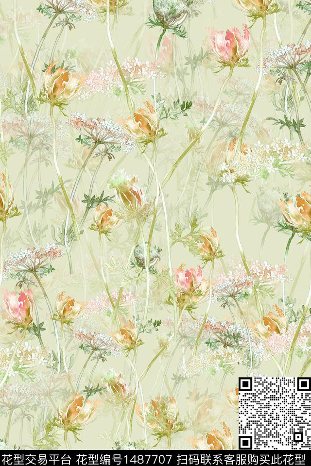 花卉小清新真丝数码印花华亿平台下载（图片编号: 1487707） - 瓦栏（Walan）