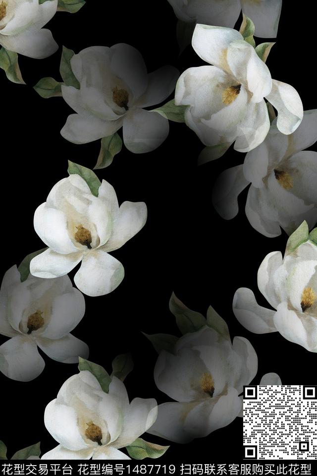 黑底花卉花卉大牌风数码印花华亿平台下载（图片编号: 1487719） - 瓦栏（Walan）