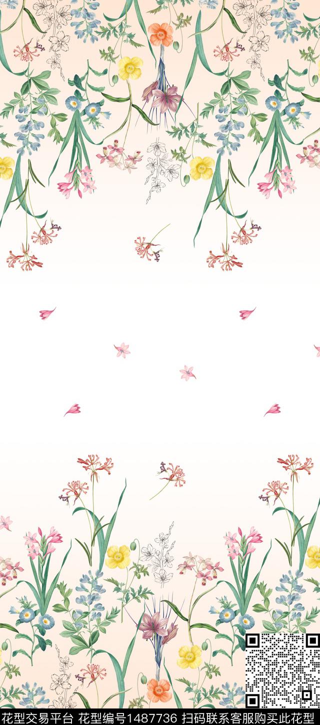植物定位花手绘花卉数码印花华亿平台下载（图片编号: 1487736） - 瓦栏（Walan）