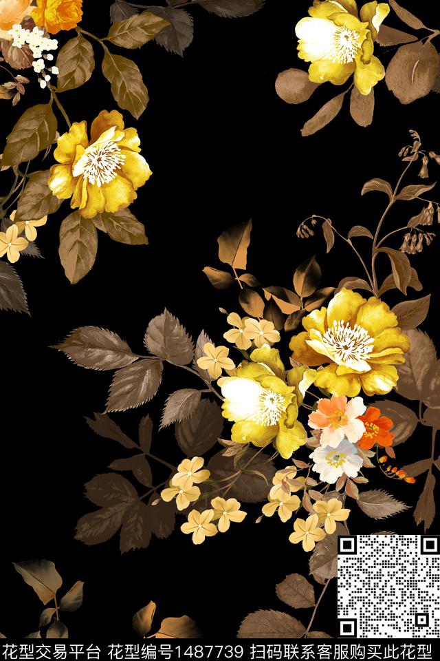 黑底花卉女装花卉数码印花华亿平台下载（图片编号: 1487739） - 瓦栏（Walan）