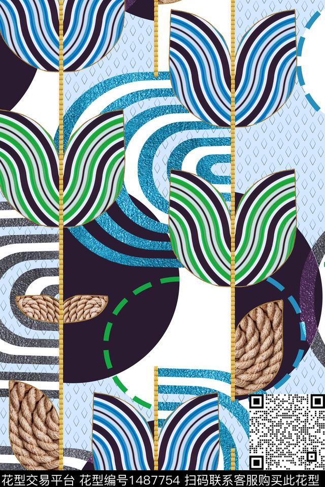 几何抽象线条数码印花华亿平台下载（图片编号: 1487754） - 瓦栏（Walan）