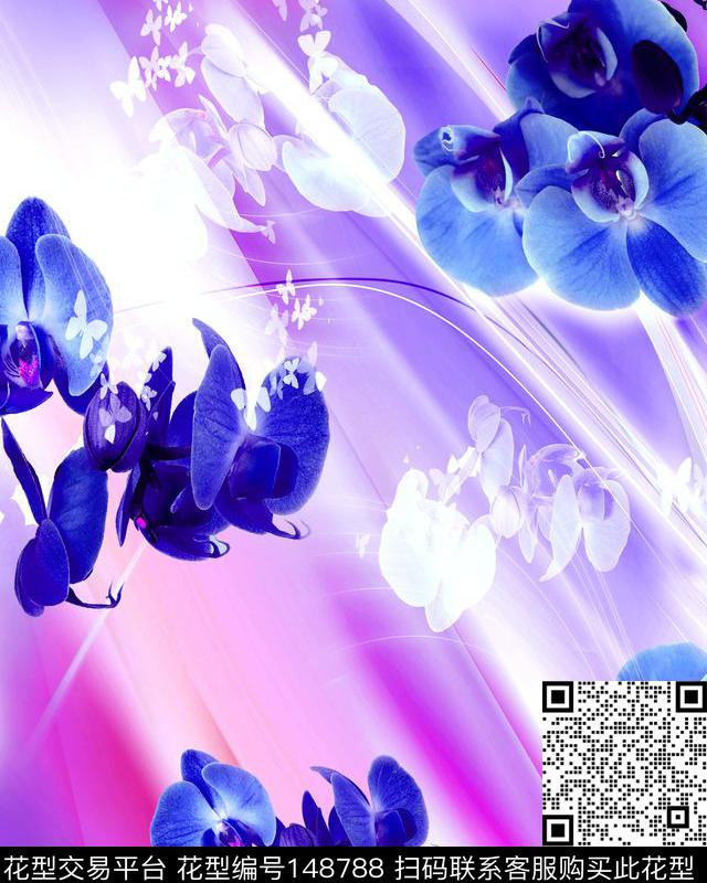 花卉蝴蝶兰绚丽光线数码印花华亿平台下载（图片编号: 148788） - 瓦栏（Walan）