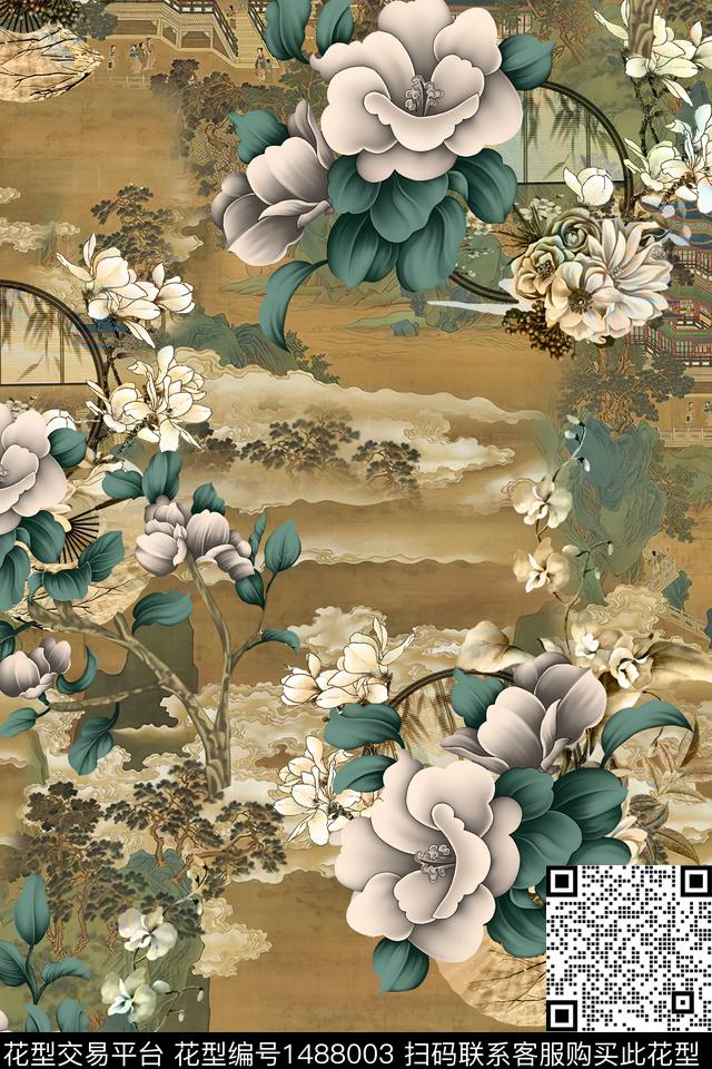 花卉中国风真丝数码印花华亿平台下载（图片编号: 1488003） - 瓦栏（Walan）