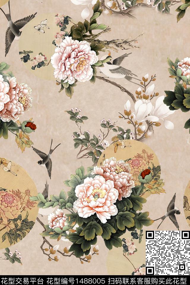花卉中国风真丝数码印花华亿平台下载（图片编号: 1488005） - 瓦栏（Walan）