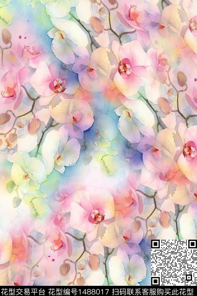 花卉抽象小清新数码印花华亿平台下载（图片编号: 1488017） - 瓦栏（Walan）