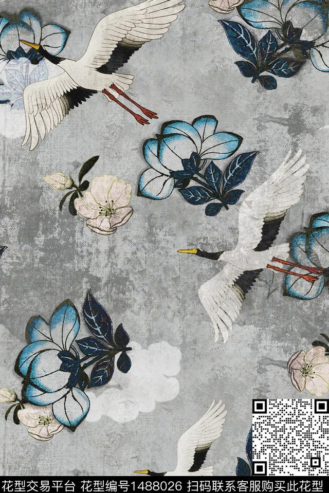 仙鹤民族风花卉数码印花华亿平台下载（图片编号: 1488026） - 瓦栏（Walan）
