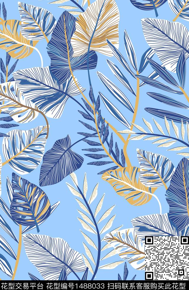 绿植树叶手绘传统印花华亿平台下载（图片编号: 1488033） - 瓦栏（Walan）