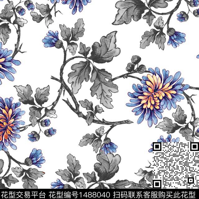 植物满版散花手绘花卉数码印花华亿平台下载（图片编号: 1488040） - 瓦栏（Walan）
