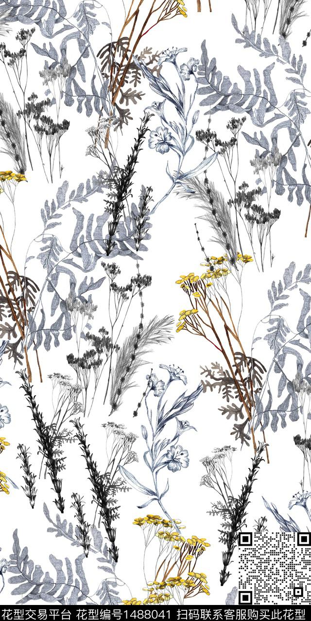 植物满版散花手绘花卉数码印花华亿平台下载（图片编号: 1488041） - 瓦栏（Walan）