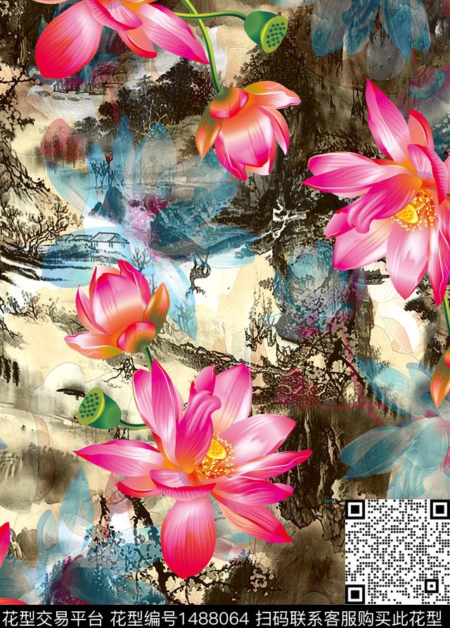 数码华亿平台文艺荷花数码印花华亿平台下载（图片编号: 1488064） - 瓦栏（Walan）