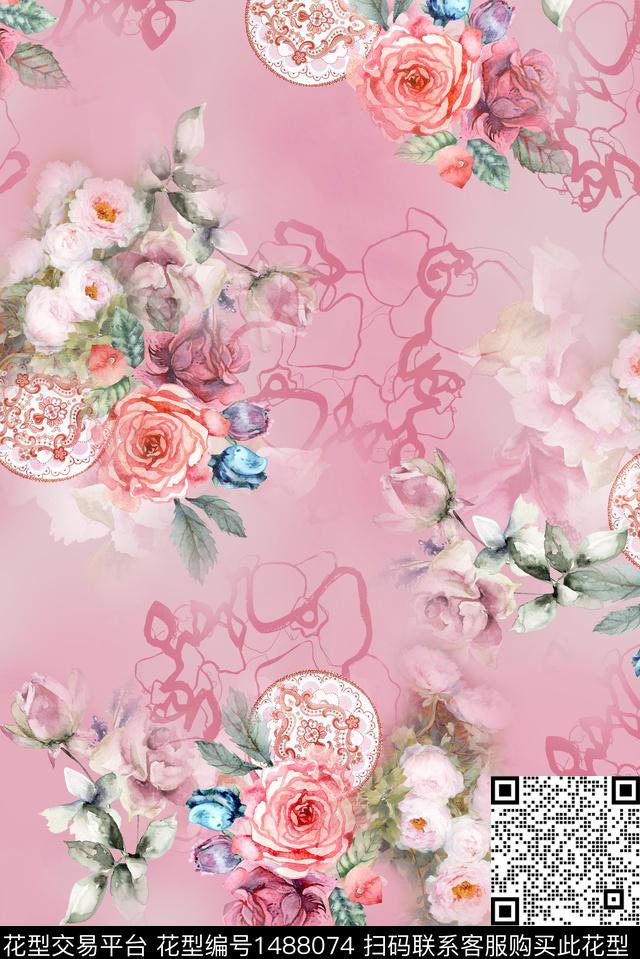手绘水彩花卉粉嫩数码印花华亿平台下载（图片编号: 1488074） - 瓦栏（Walan）
