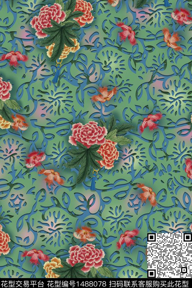 花卉中国风抽象花纹数码印花华亿平台下载（图片编号: 1488078） - 瓦栏（Walan）