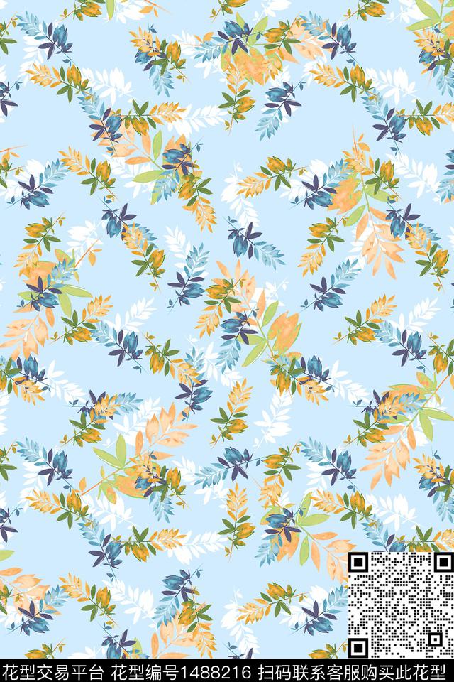 水彩绿植树叶雪纺数码印花华亿平台下载（图片编号: 1488216） - 瓦栏（Walan）