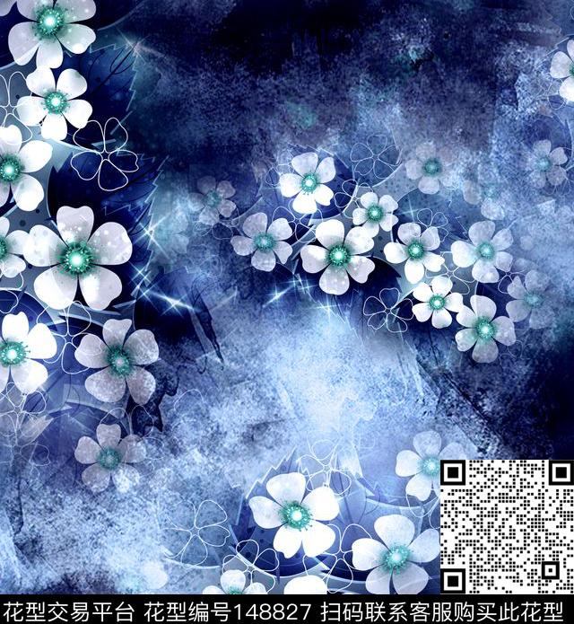 电脑手绘花斑驳肌理背景蓝色调数码印花华亿平台下载（图片编号: 148827） - 瓦栏（Walan）