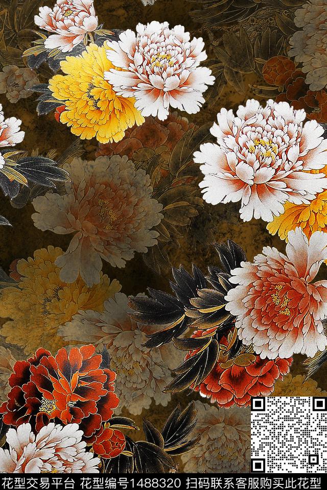 花卉中国风牡丹数码印花华亿平台下载（图片编号: 1488320） - 瓦栏（Walan）