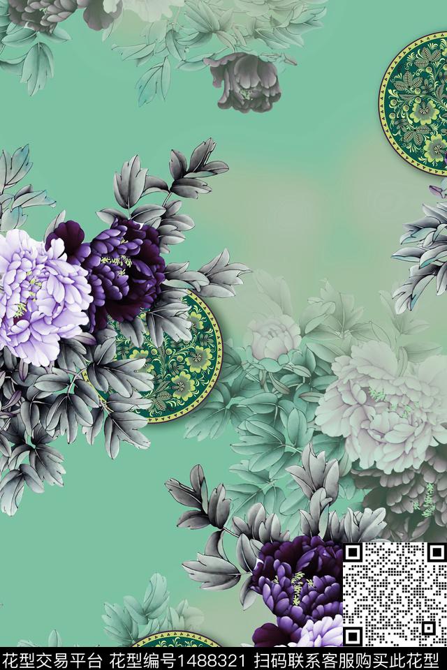 花卉中国风牡丹数码印花华亿平台下载（图片编号: 1488321） - 瓦栏（Walan）