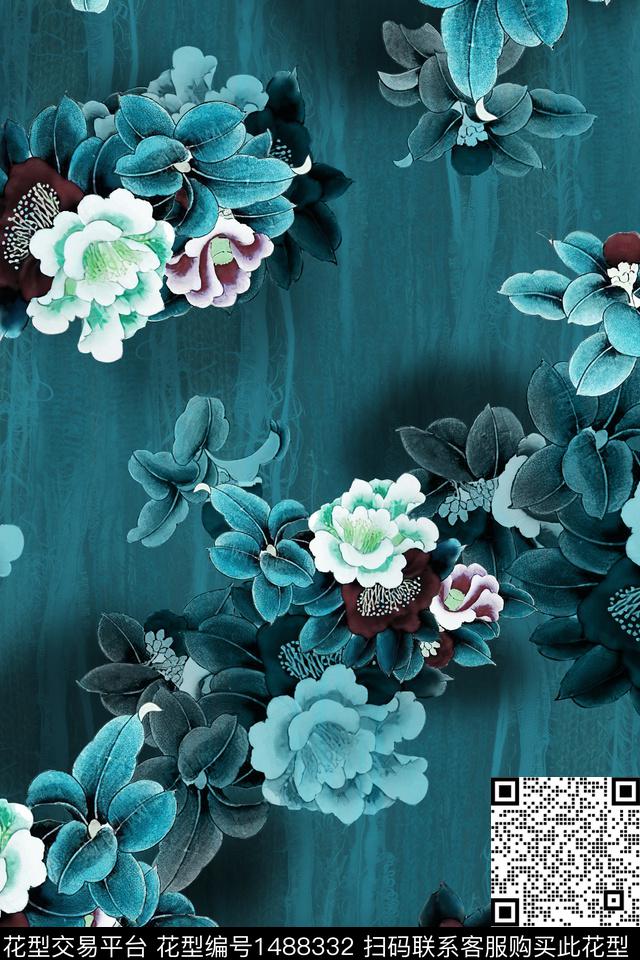 花卉中国风牡丹数码印花华亿平台下载（图片编号: 1488332） - 瓦栏（Walan）