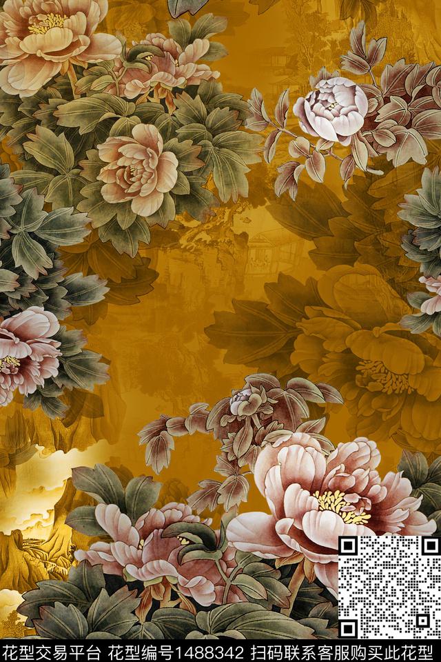 花卉中国风牡丹数码印花华亿平台下载（图片编号: 1488342） - 瓦栏（Walan）