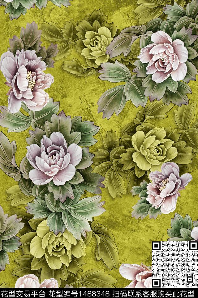 花卉中国风牡丹数码印花华亿平台下载（图片编号: 1488348） - 瓦栏（Walan）