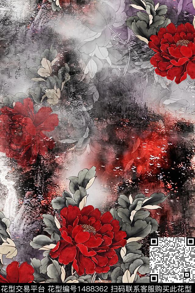 花卉中国风牡丹数码印花华亿平台下载（图片编号: 1488362） - 瓦栏（Walan）