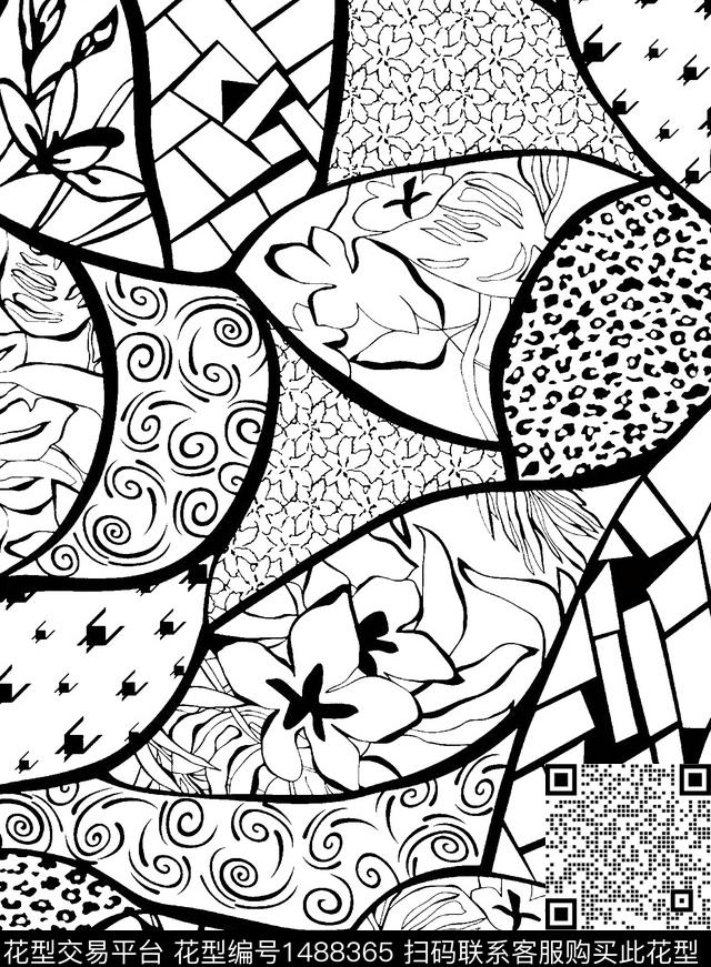 几何抽象花卉混合拼接传统印花华亿平台下载（图片编号: 1488365） - 瓦栏（Walan）