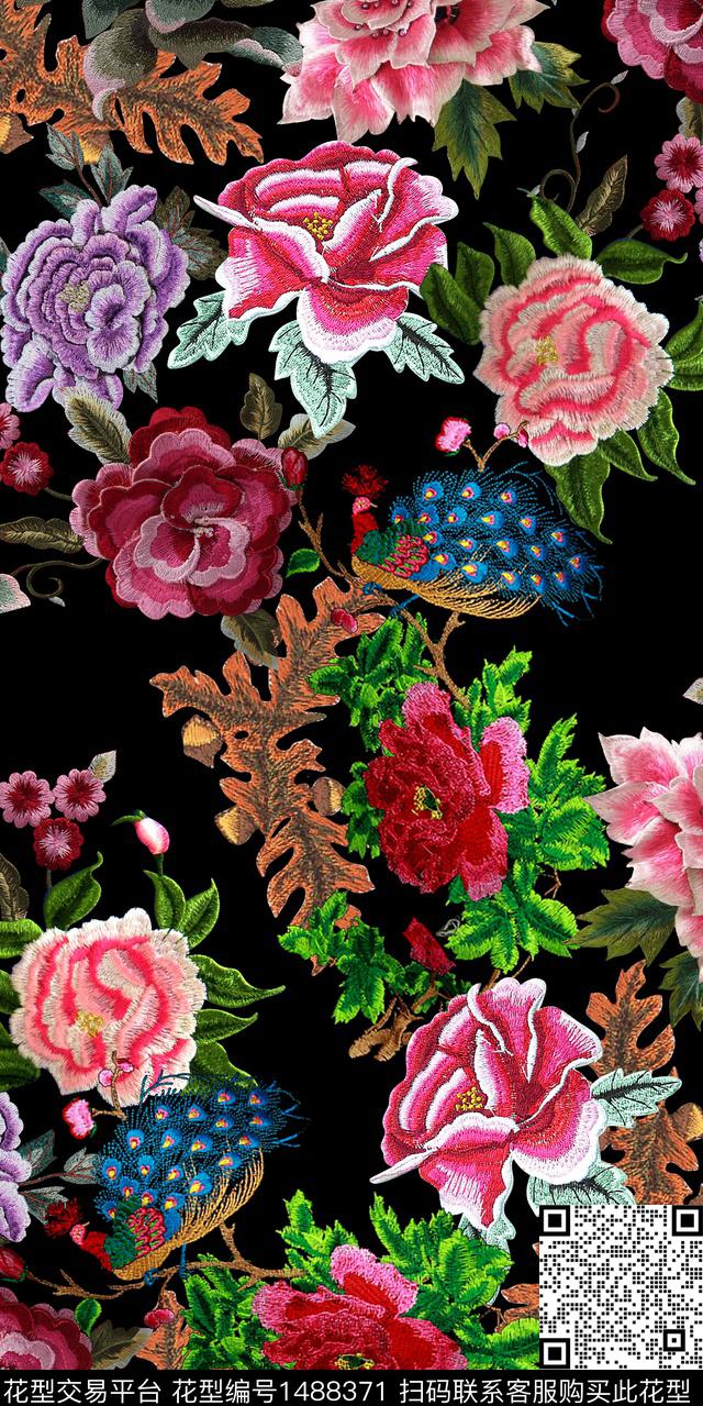 孔雀植物绣花华亿平台数码印花华亿平台下载（图片编号: 1488371） - 瓦栏（Walan）