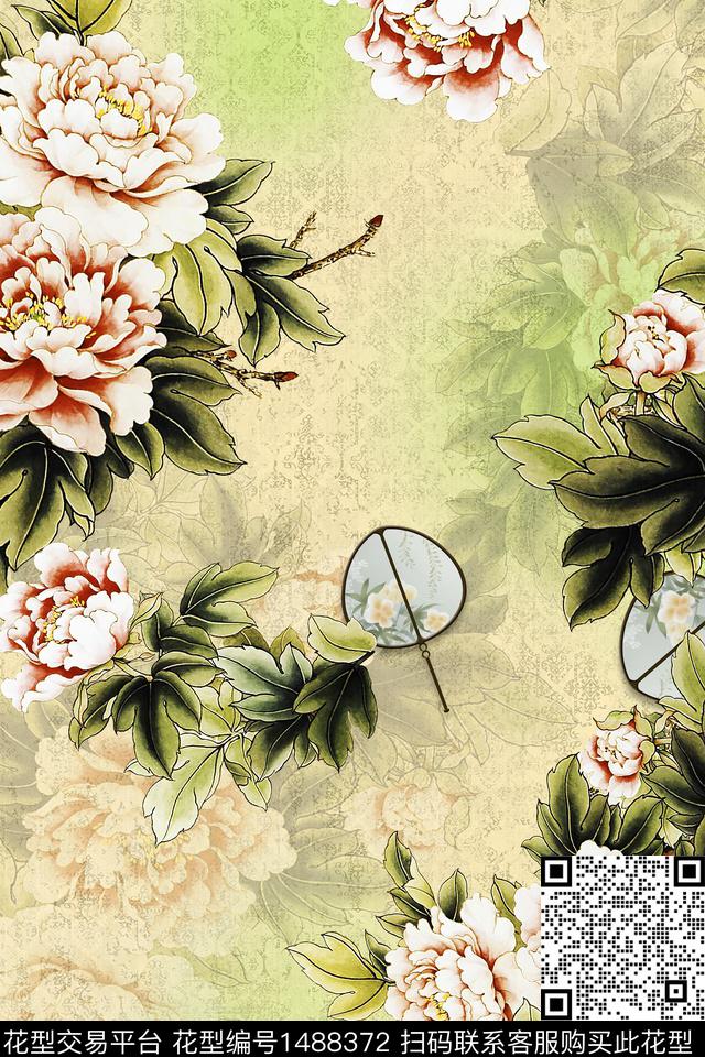 花卉中国风牡丹数码印花华亿平台下载（图片编号: 1488372） - 瓦栏（Walan）