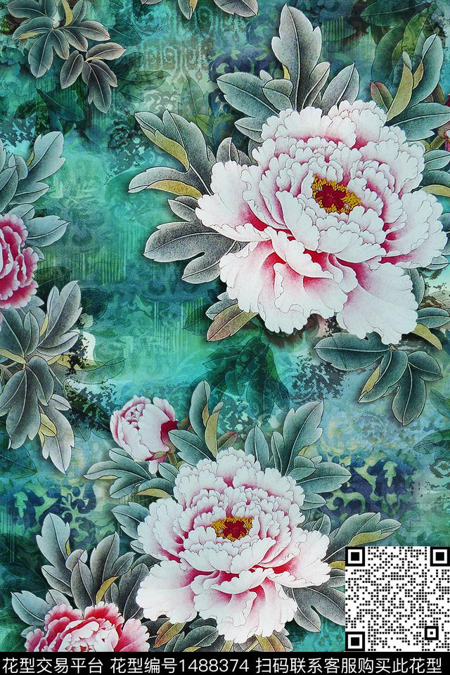 花卉中国风牡丹数码印花华亿平台下载（图片编号: 1488374） - 瓦栏（Walan）