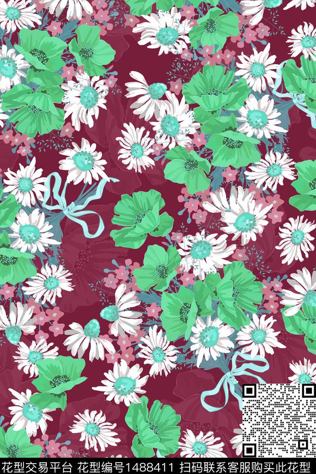 绿植树叶菊花花卉数码印花华亿平台下载（图片编号: 1488411） - 瓦栏（Walan）