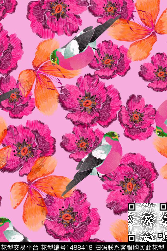 绿植树叶花鸟民族风数码印花华亿平台下载（图片编号: 1488418） - 瓦栏（Walan）