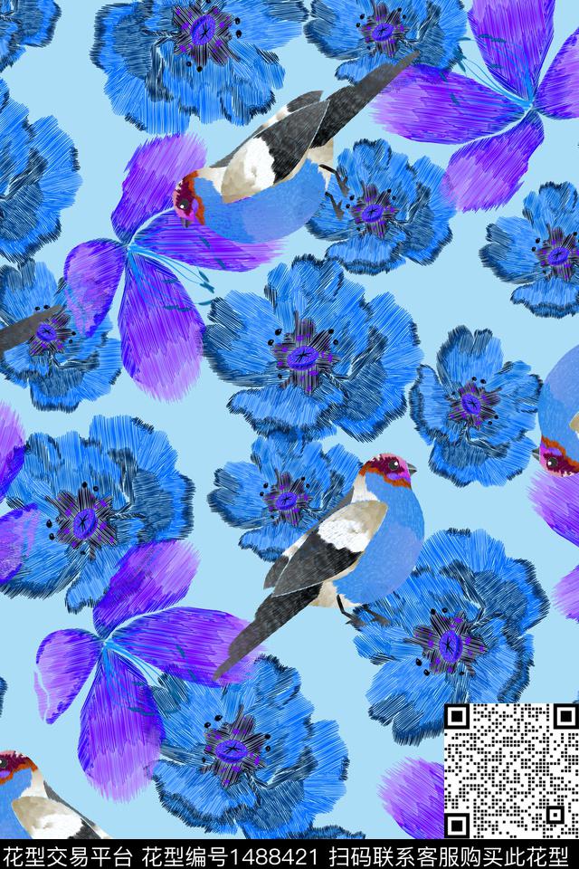 绿植树叶花鸟民族风数码印花华亿平台下载（图片编号: 1488421） - 瓦栏（Walan）