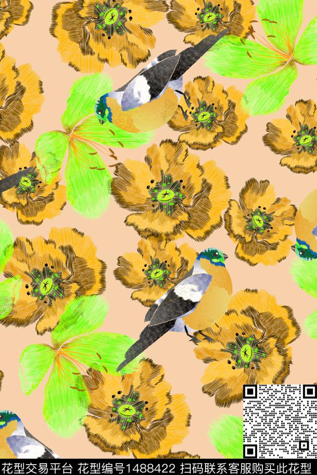 绿植树叶花鸟民族风数码印花华亿平台下载（图片编号: 1488422） - 瓦栏（Walan）