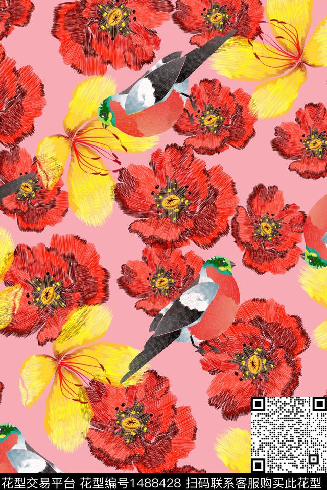 绿植树叶花鸟民族风数码印花华亿平台下载（图片编号: 1488428） - 瓦栏（Walan）