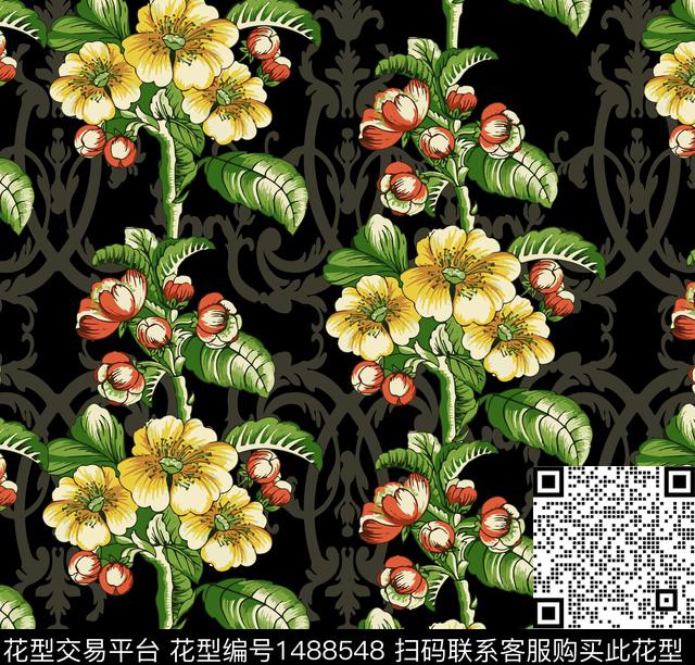 彩底花卉绿植树叶定位花数码印花华亿平台下载（图片编号: 1488548） - 瓦栏（Walan）
