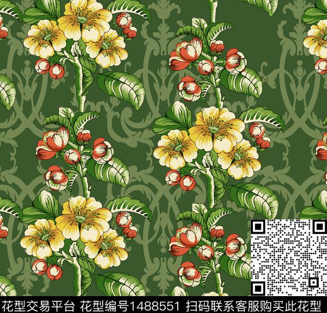 彩底花卉绿植树叶定位花数码印花华亿平台下载（图片编号: 1488551） - 瓦栏（Walan）