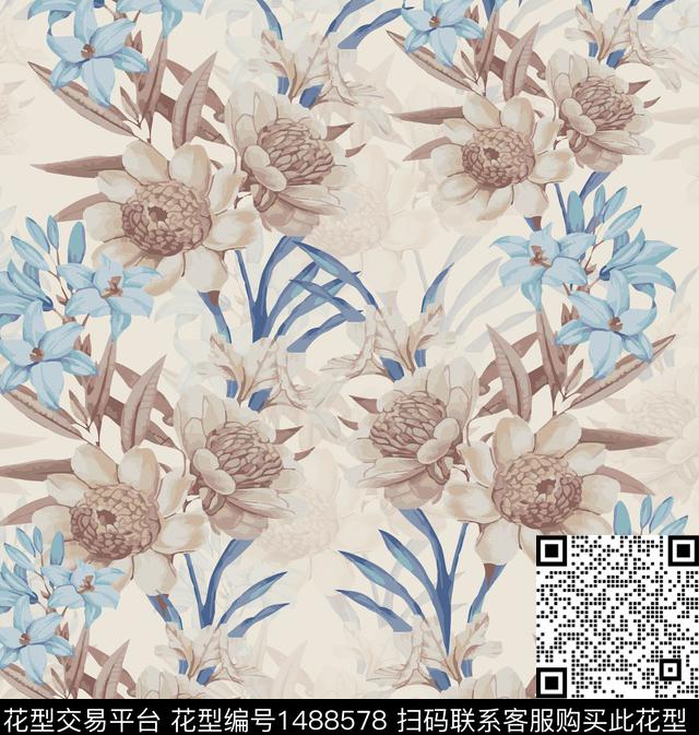 绿植树叶彩底花卉定位花数码印花华亿平台下载（图片编号: 1488578） - 瓦栏（Walan）