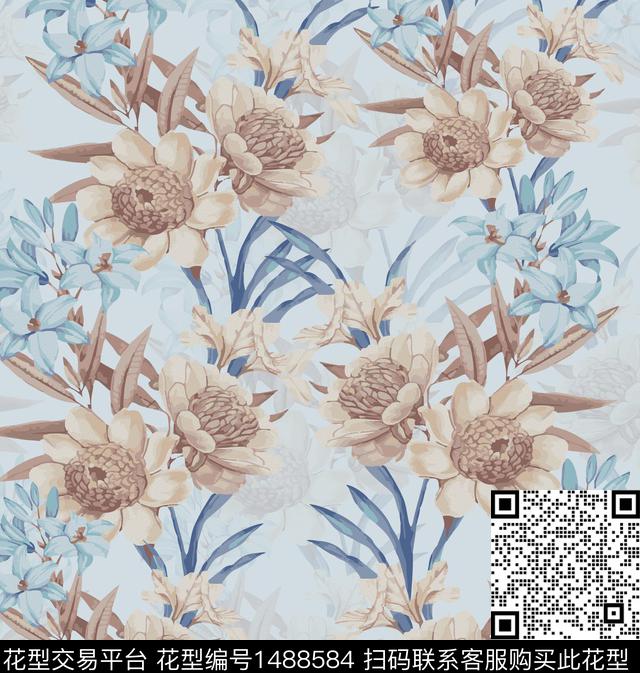 绿植树叶彩底花卉定位花数码印花华亿平台下载（图片编号: 1488584） - 瓦栏（Walan）