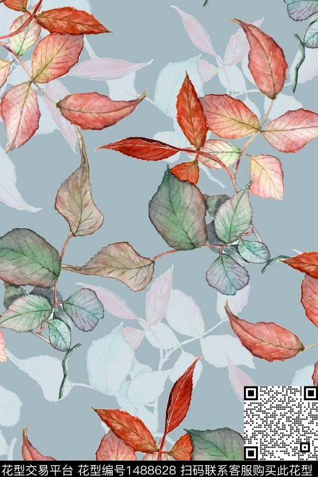 绿植树叶小清新真丝数码印花华亿平台下载（图片编号: 1488628） - 瓦栏（Walan）