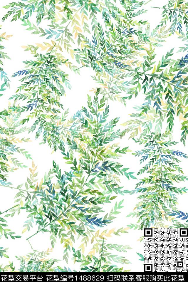 绿植树叶小清新真丝数码印花华亿平台下载（图片编号: 1488629） - 瓦栏（Walan）