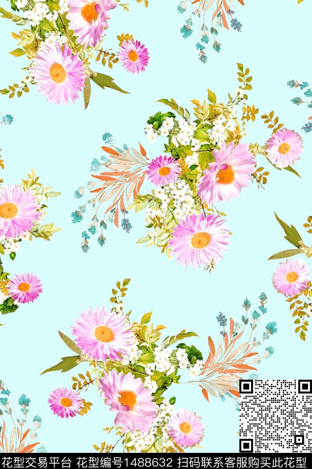 水彩绿植树叶花卉数码印花华亿平台下载（图片编号: 1488632） - 瓦栏（Walan）