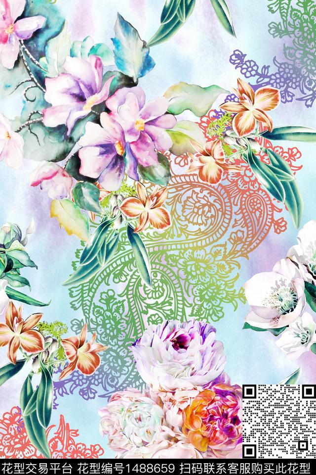 水彩佩斯利花卉数码印花华亿平台下载（图片编号: 1488659） - 瓦栏（Walan）