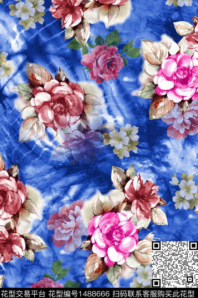 扎染华亿平台花卉大牌风数码印花华亿平台下载（图片编号: 1488666） - 瓦栏（Walan）