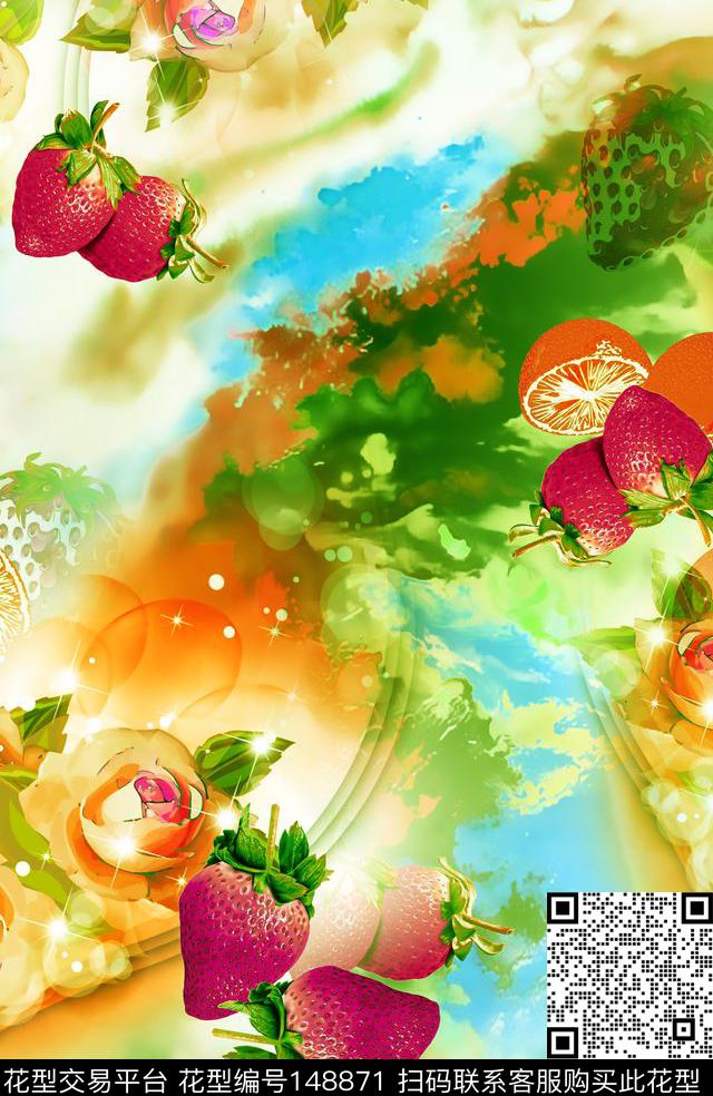 草莓花朵组合数码印花华亿平台下载（图片编号: 148871） - 瓦栏（Walan）