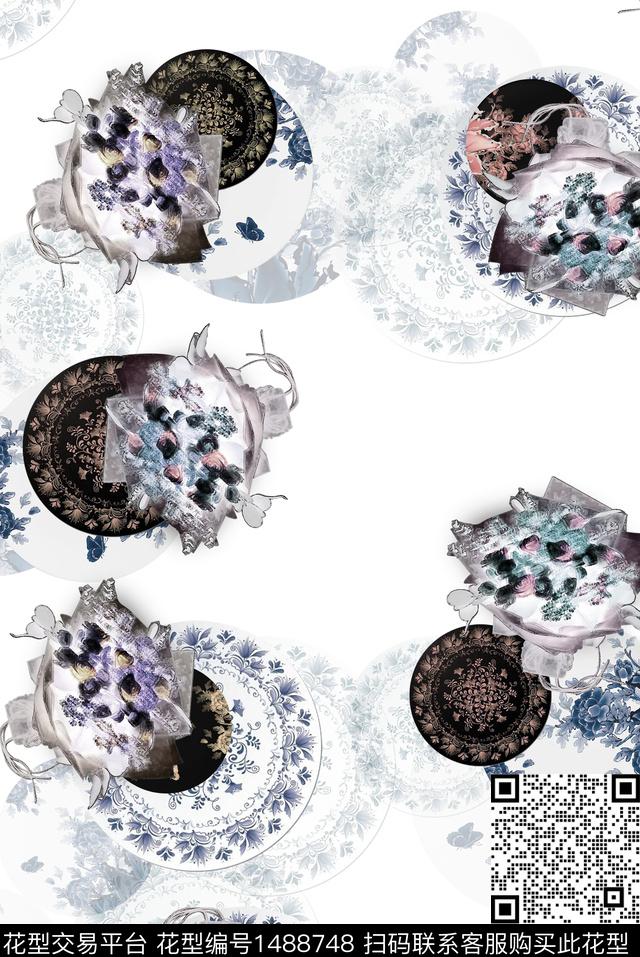 青花瓷民族风花卉数码印花华亿平台下载（图片编号: 1488748） - 瓦栏（Walan）