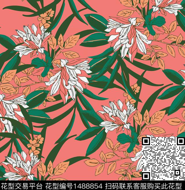 彩底花卉绿植树叶花卉数码印花华亿平台下载（图片编号: 1488854） - 瓦栏（Walan）