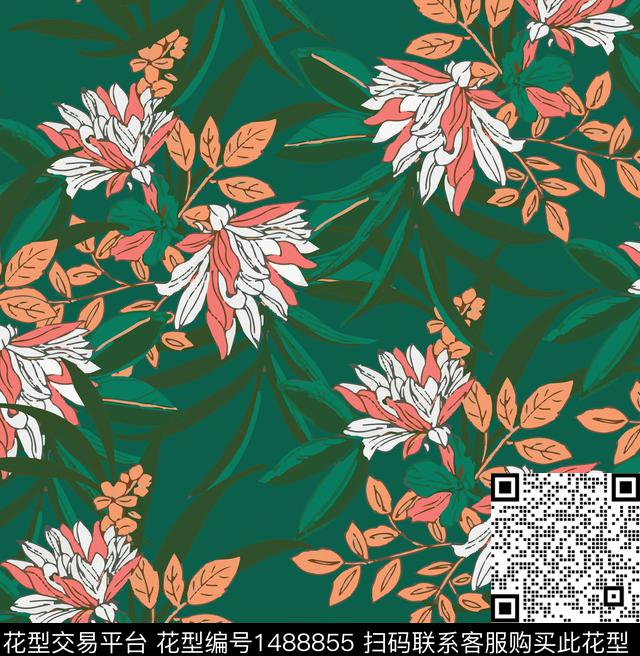 彩底花卉绿植树叶花卉数码印花华亿平台下载（图片编号: 1488855） - 瓦栏（Walan）
