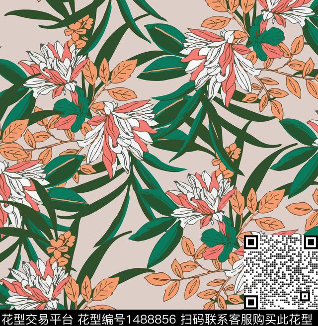彩底花卉绿植树叶花卉数码印花华亿平台下载（图片编号: 1488856） - 瓦栏（Walan）